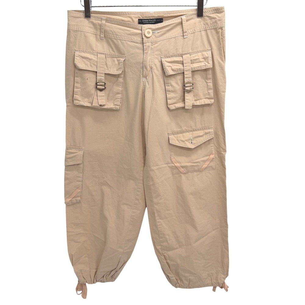 Y2K Rampage Tan Cargo Capri Pants Size 9 Low Rise Khaki Utility Buckle Pockets